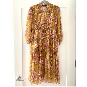 OPT Mustard Floral Midi Dress XS - Boho Tie Neck Prairie Style NWOT